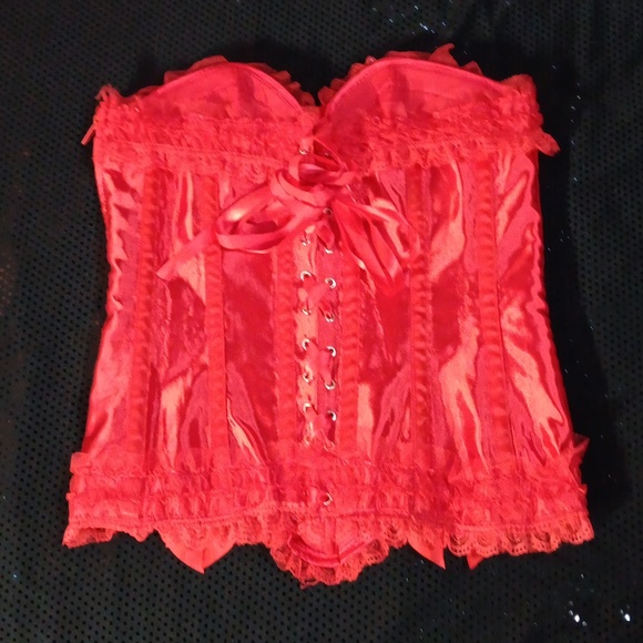 Lace Ruffled Very Red Satin Corset With Bows, Lace Up Back & Side Zipper (M) - Picture 7 of 16